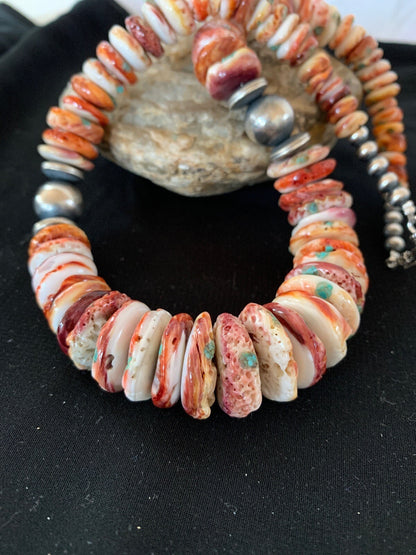 Native Red Spiny Oyster Navajo Pearls Sterling Silver Necklace 20" 03242