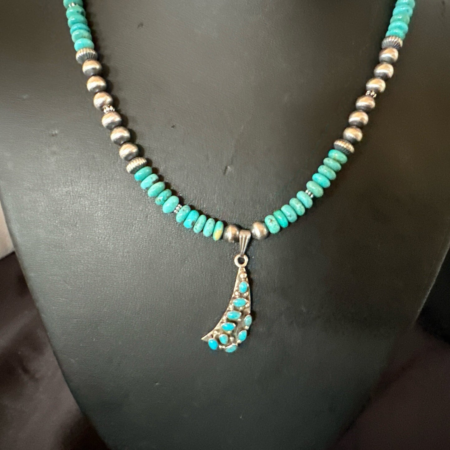 Mens Blue Turquoise Cluster Pendant Navajo Pearls Sterling Silver Necklace 17895