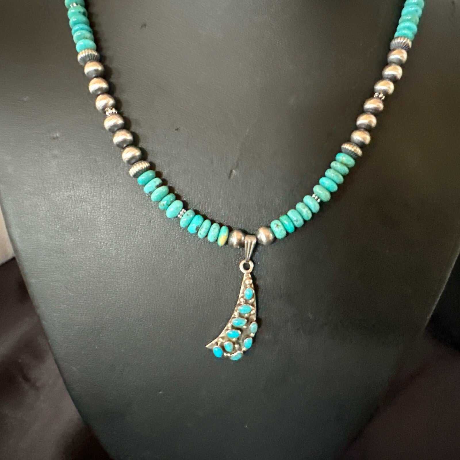 Mens Blue Turquoise Cluster Pendant Navajo Pearls Sterling Silver Necklace 17895