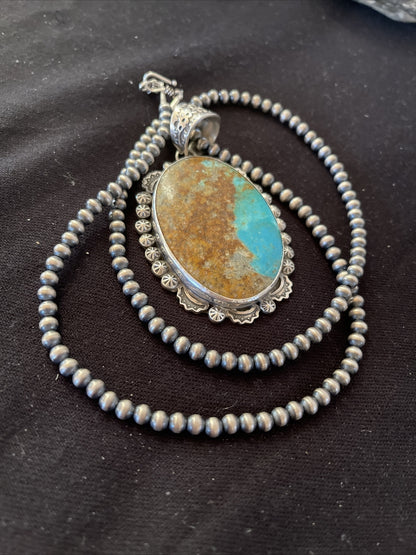 Blue Kingman Turquoise Pendant Navajo Pearls Sterling Silver Necklace 01310