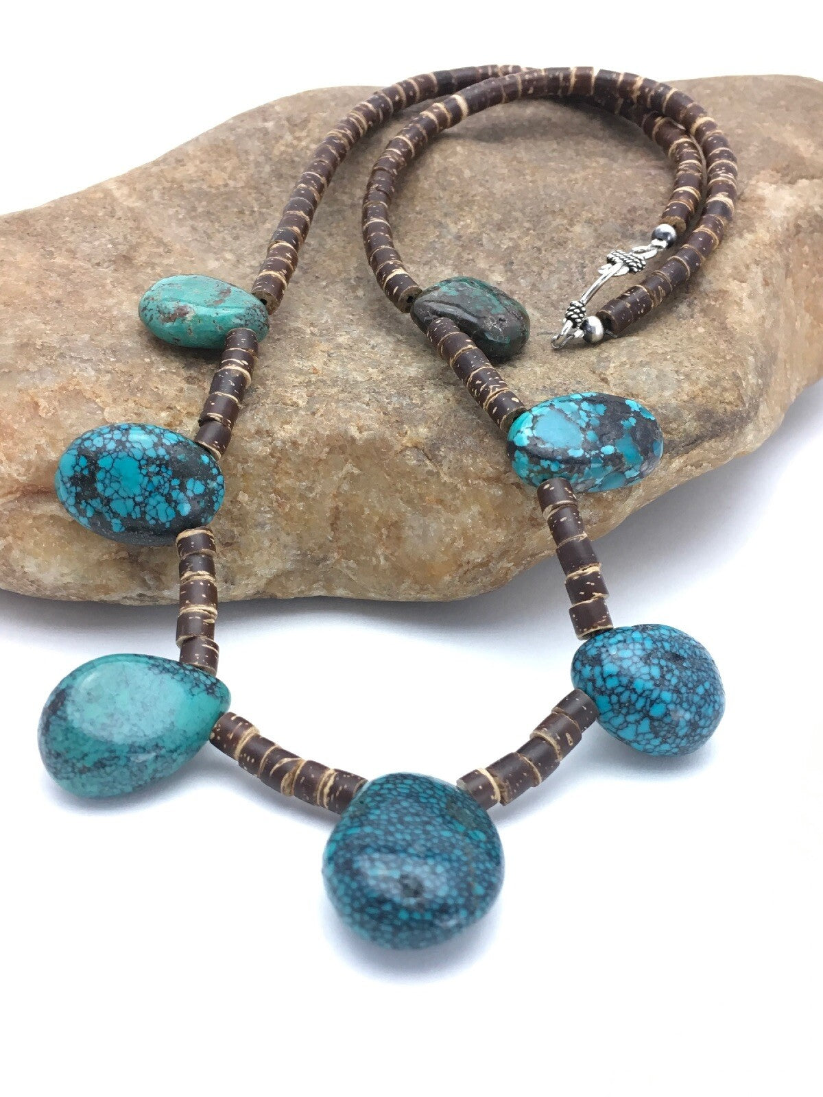 Spider Web Turquoise & Bone Bead Southwestern Sterling Silver Necklace 20" 02628