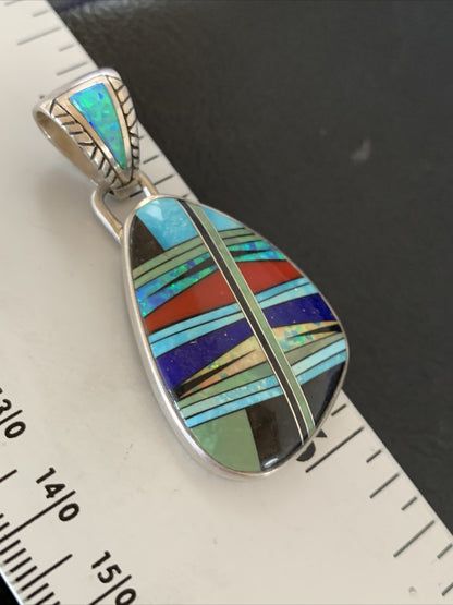 Womens Turquoise Coral & Opal Navajo Sterling Silver Inlay Pendant 12494