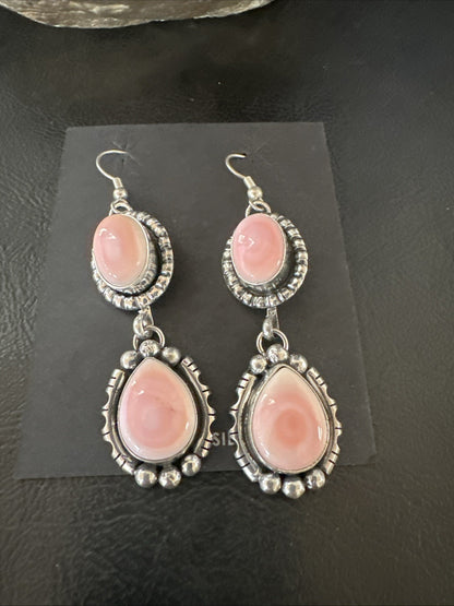 Yazzie Pink Queen Conch Navajo Sterling Silver Dangle Earrings 19321