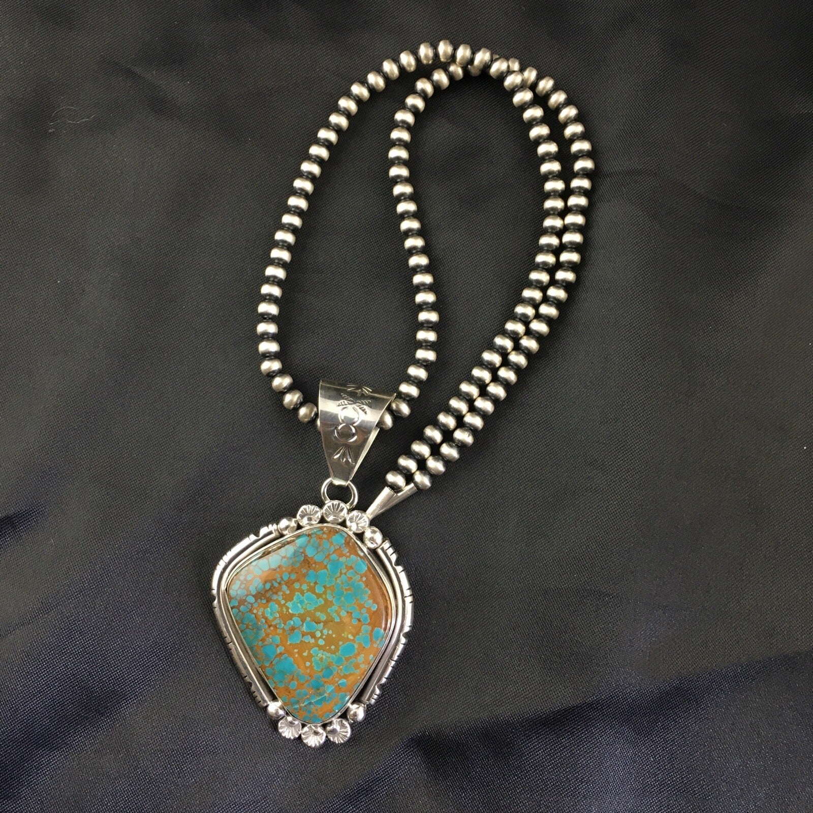 Blue Turquoise#8 Pendant Navajo Pearls Sterling Silver Necklace 17960