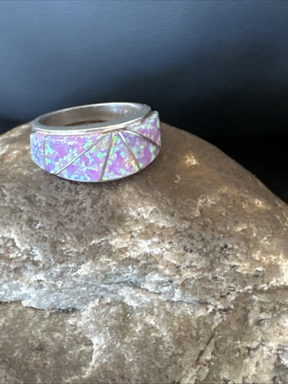 Pink Opal Navajo Sterling Silver Band Inlay Ring Size 7 18786