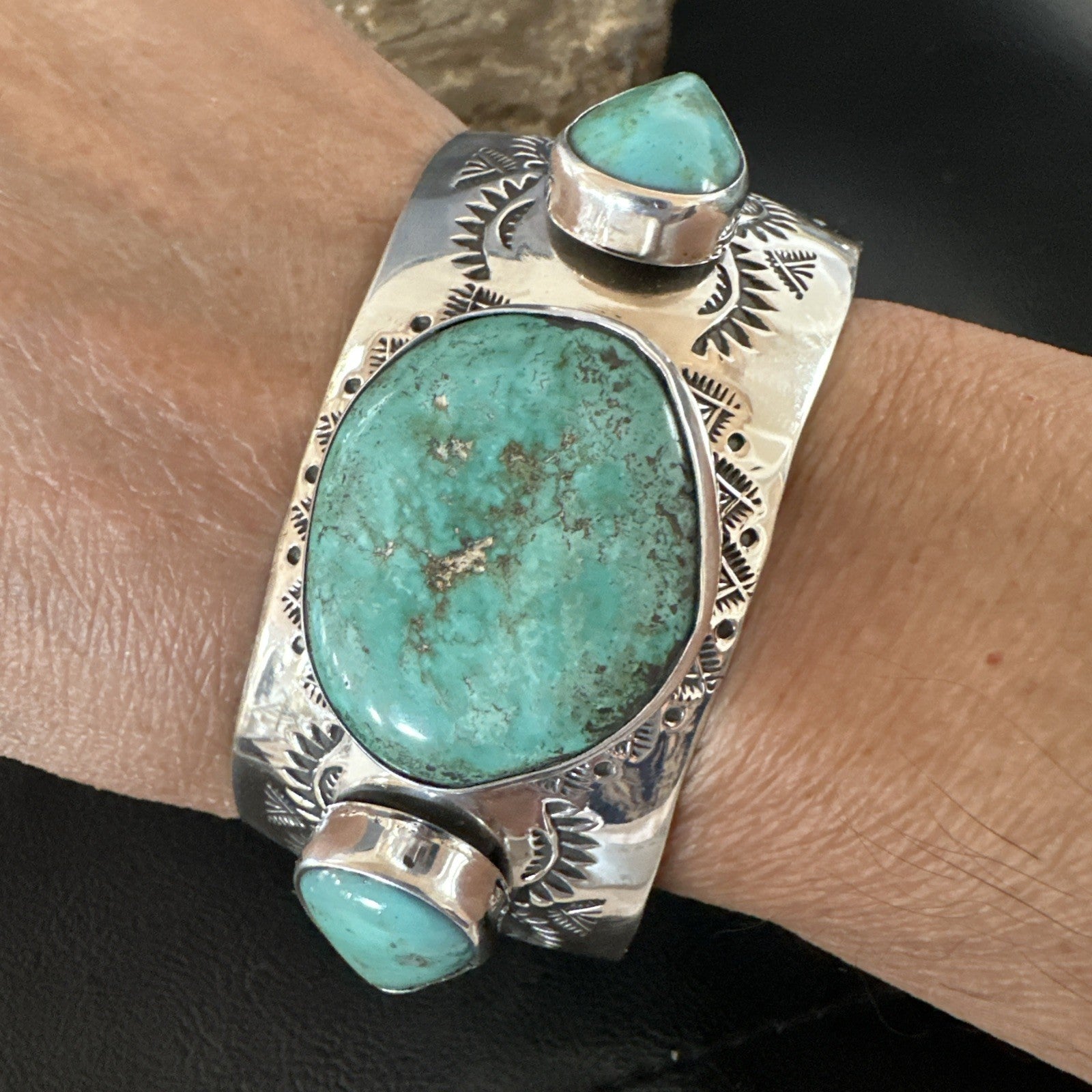 XL Mens Blue Green Turquoise Navajo Sterling Silver Cuff Bracelet 8" 19505