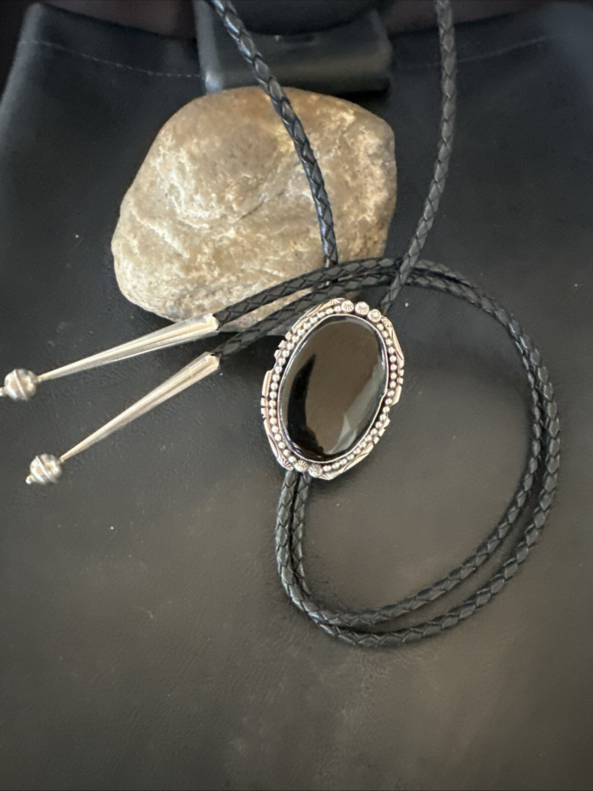Mens Black Onyx Navajo Sterling Silver Bolo Tie 18663