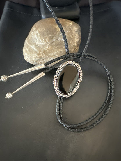 Mens Black Onyx Navajo Sterling Silver Bolo Tie 18663