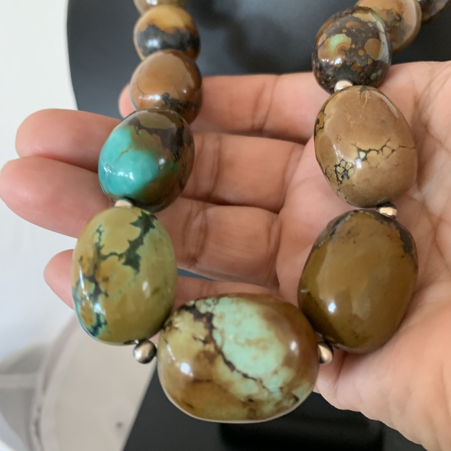 Green Chunky Turquoise Graduated Navajo Sterling Silver Necklace 20" 02113