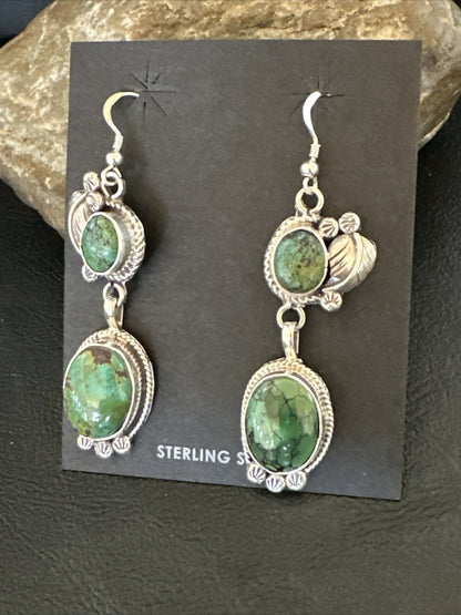Native Navajo Green Turquoise Sterling Silver Dangle Earrings 2” 17696