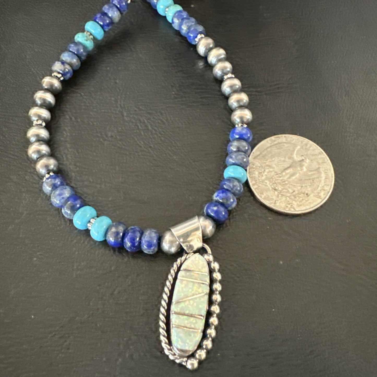Blue Turquoise White Opal Pendant Lapis Navajo Sterling Silver Necklace 19471