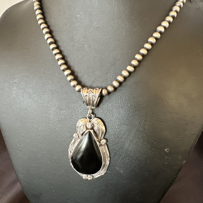 Mens Womens Black Onyx Pendant Navajo Sterling Silver Beads Necklace 18352