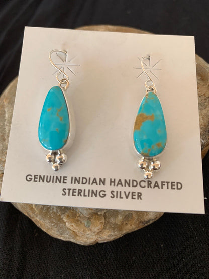 Womens Blue Turquoise Navajo Sterling Silver Earrings 1" 12981