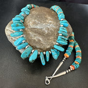 Men's Women Navajo Blue Turquoise Spiny Oyster Necklace 24" | Sterling Silver | Authentic Native American Handmade | 19506