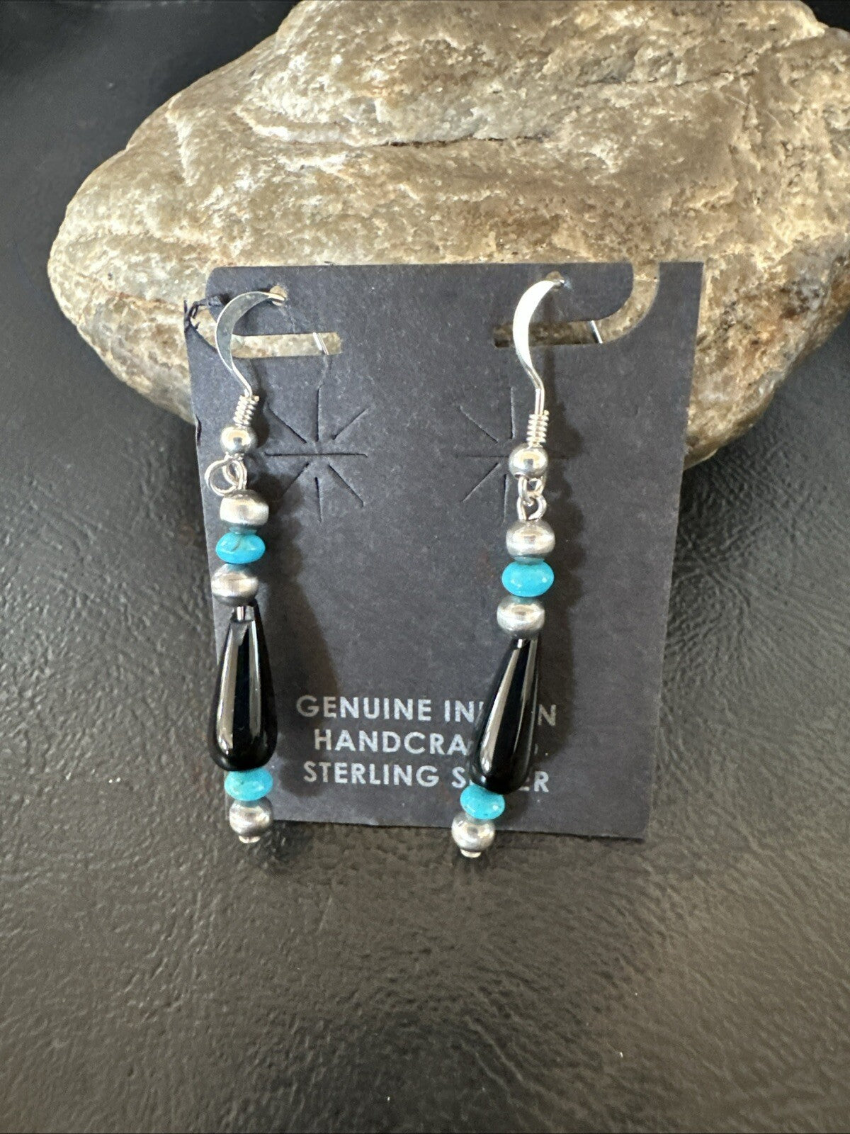 Navajo Sterling Silver Blue Turquoise Black Onyx Bead Dangle Earrings 18645