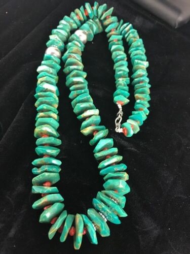 Navajo Turquoise & Spiny Oyster Necklace Sterling Silver 30" 8063