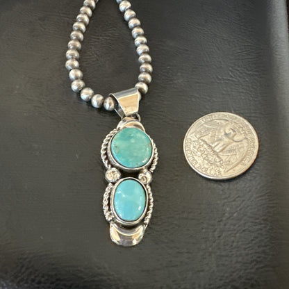 Blue Turquoise 2 Stone Navajo Sterling Silver Cluster Pendant 18192