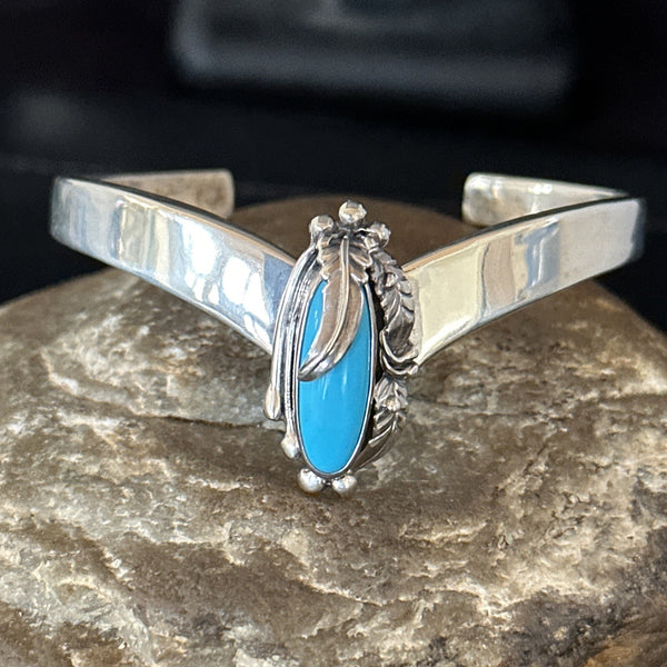 Kingman Turquoise Women's Navajo Cuff Bracelet | Sterling Silver | Authentic Native American Handmade | 14734