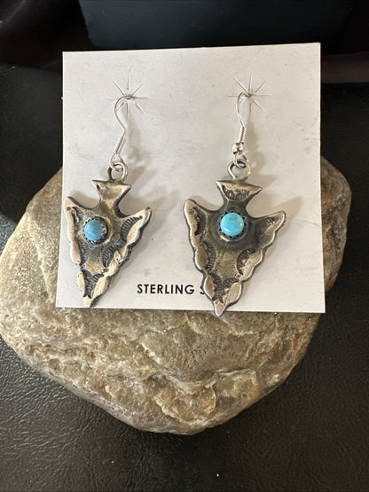 Arrowhead Womens Stamped Blue Turquoise Dangle Earrings Sterling Silver 19786