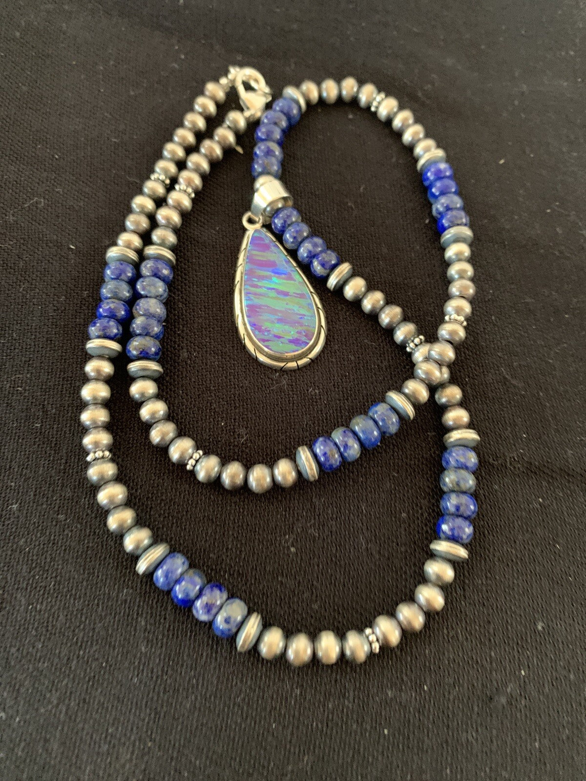 Native Navajo Sterling Silver Purple Opal Lapis Necklace Pendant 00591