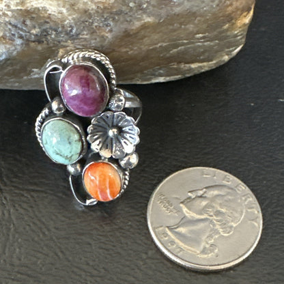 Multicolor Ring Turquoise Spiny Navajo Sterling Silver Cluster Size 6.5 19175