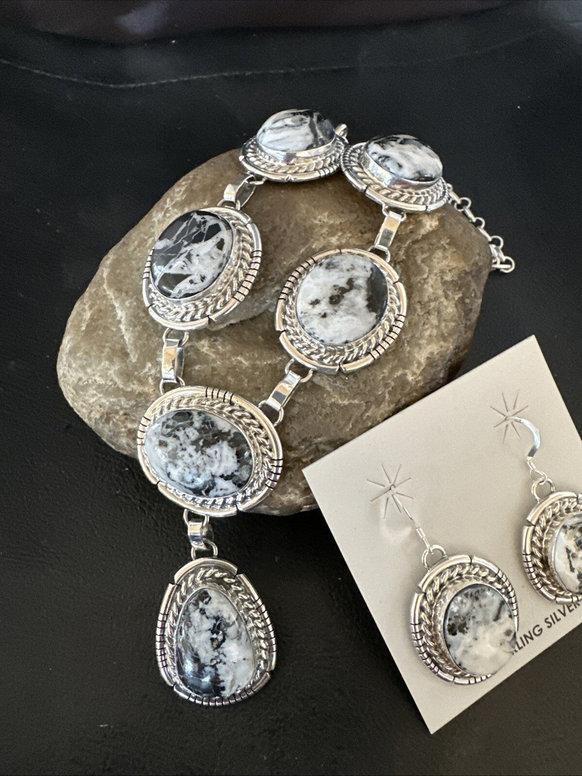 Women White Buffalo Turquoise Necklace Earrings Sterling Silver 19” 18605