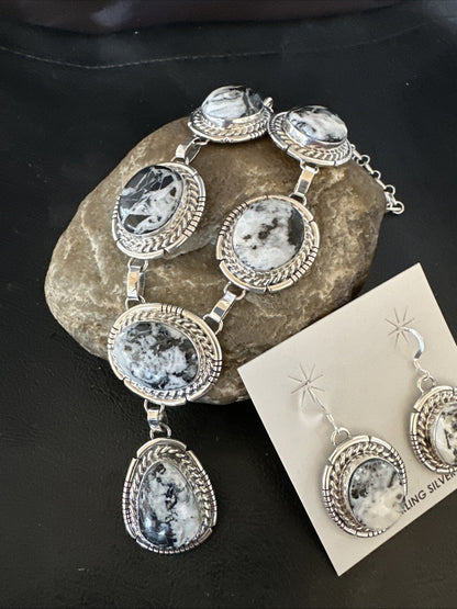 Women White Buffalo Turquoise Necklace Earrings Sterling Silver 19” 18605