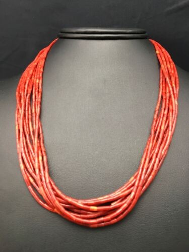 Native American Red Coral Navajo Necklace Sterling Silver 10 Strand 4387