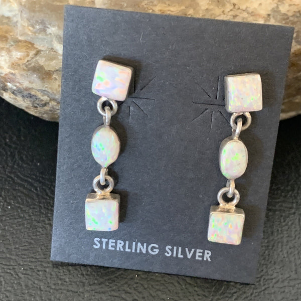 Women's White Opal Inlay Navajo Dangle Post Earrings 1" | Sterling Silver | Authentic Native American Handmade | 12769