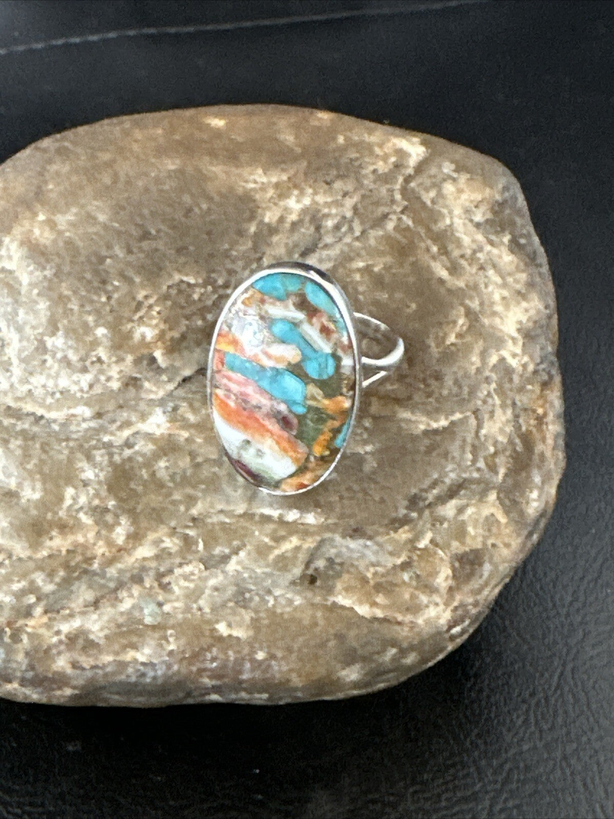 Blue Turquoise Orange Spiny Oyster Navajo Sterling Silver Ring Size 10 18208