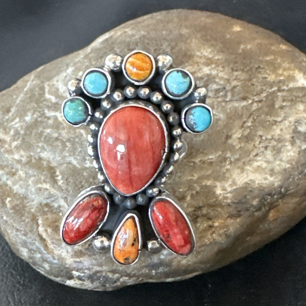 Cluster Blue Turquoise Spiny Oyster Ring Size 7.5 | Sterling Silver | Authentic Native American Handmade | 18565