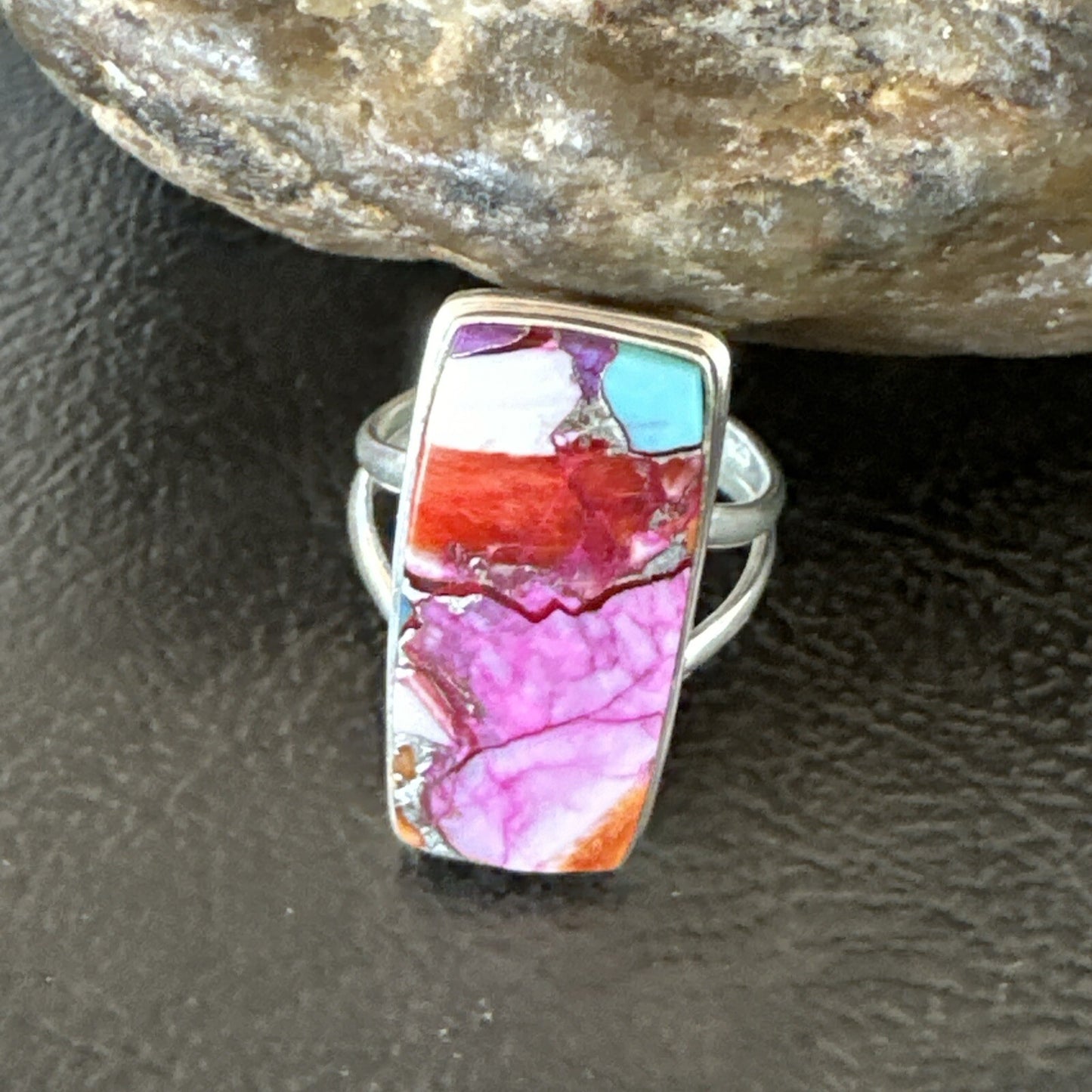 Blue Turquoise Spiny Oyster Navajo Sterling Silver Ring Size 7 18228