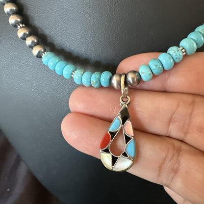 Zuni Turquoise Pink MOP Inlay Pendant 2Sided Necklace Sterling Silver 18062