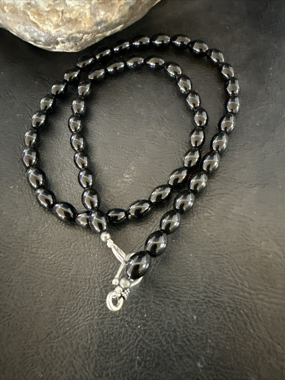 Mens Women Melon Beads Black Onyx Navajo Sterling Silver Necklace 18” 17921