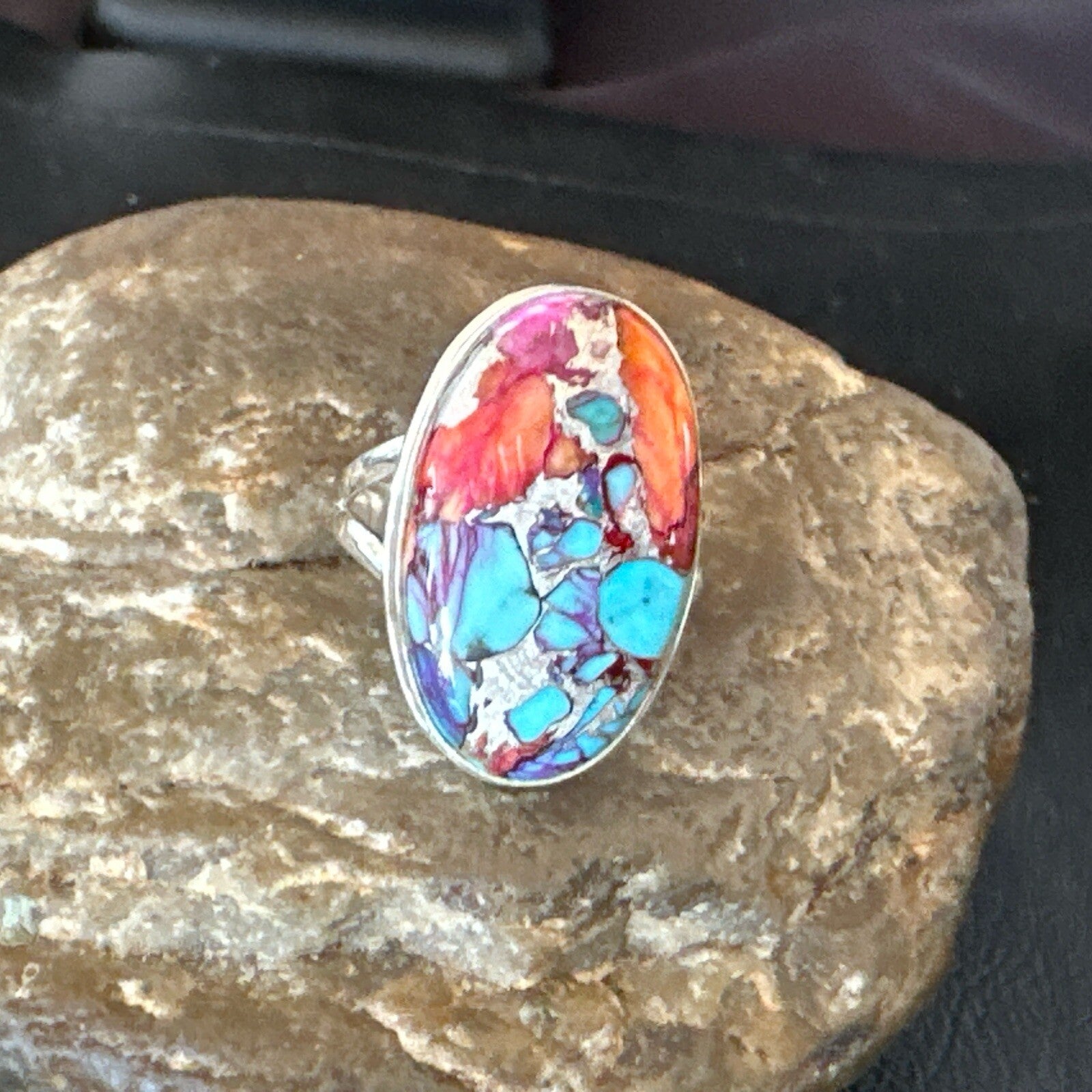 Blue Turquoise Spiny Oyster Southwestern Sterling Silver Ring Size 11 18449