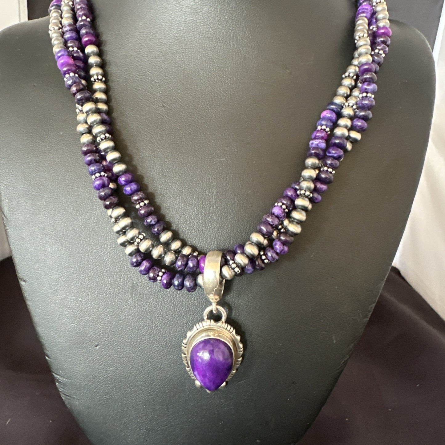 Navajo Sterling Silver 3 Strand Purple Stone Necklace Pendant 22” 19028