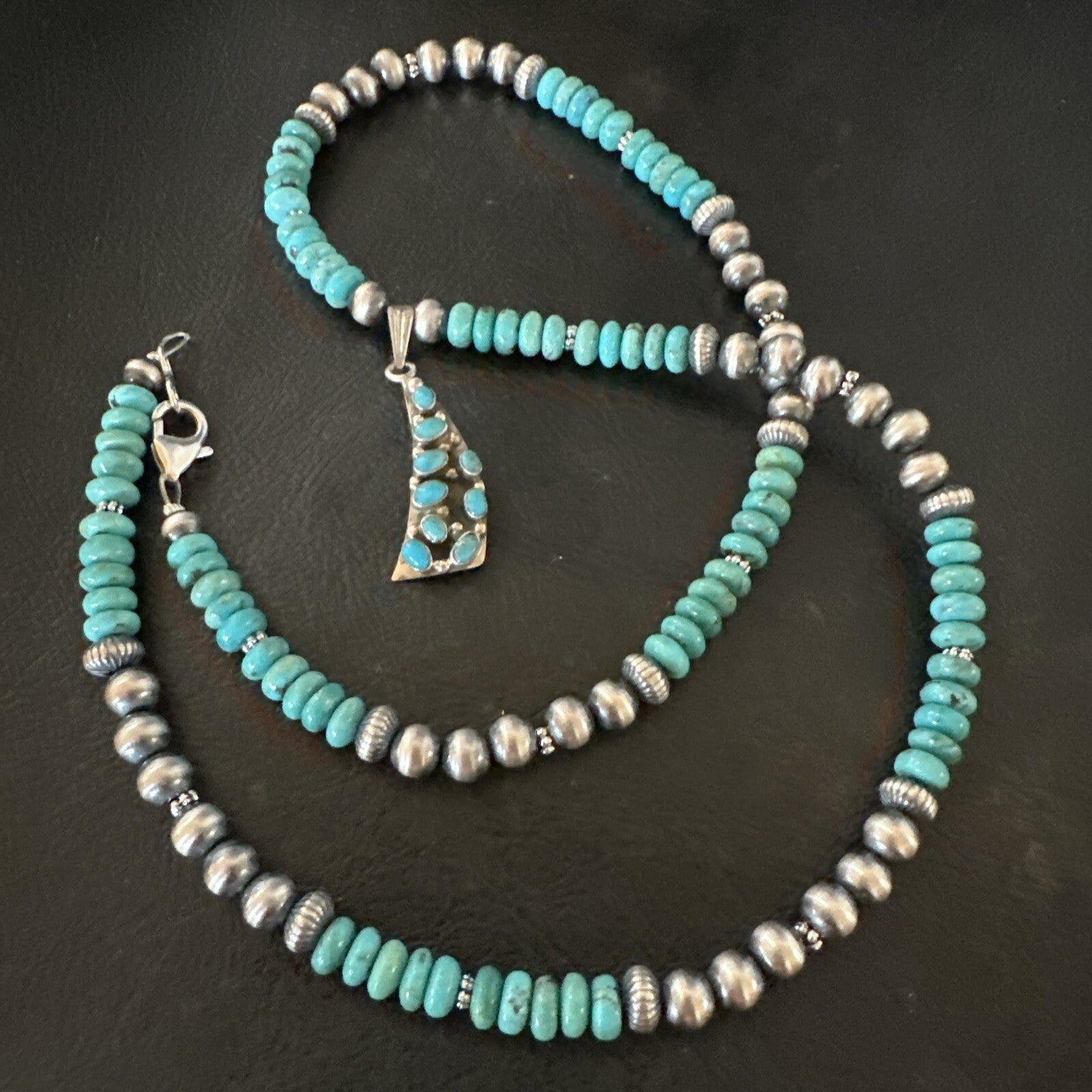 Mens Blue Turquoise Cluster Pendant Navajo Pearls Sterling Silver Necklace 17895