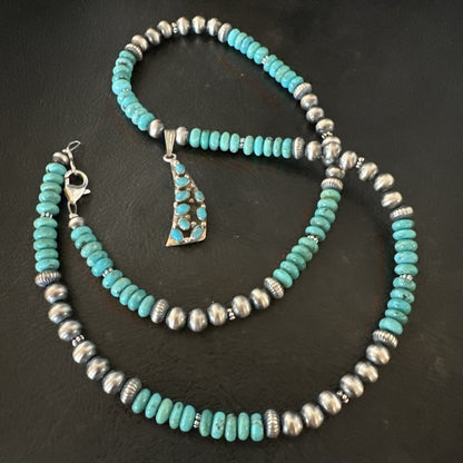 Mens Blue Turquoise Cluster Pendant Navajo Pearls Sterling Silver Necklace 17895