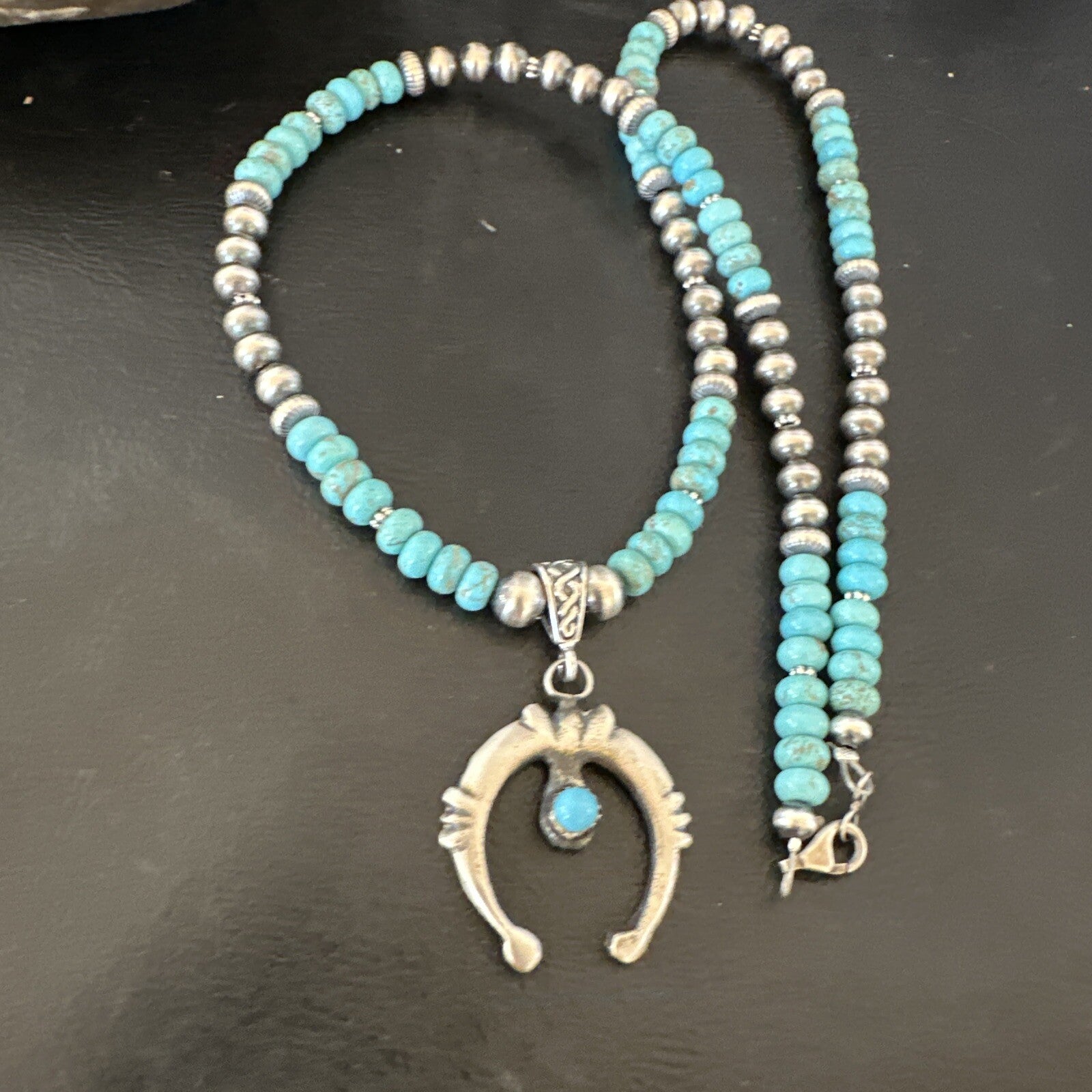 Mens Blue Turquoise Naja Pendant Navajo Sterling Silver Necklace 16643