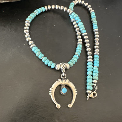 Mens Blue Turquoise Naja Pendant Navajo Sterling Silver Necklace 16643