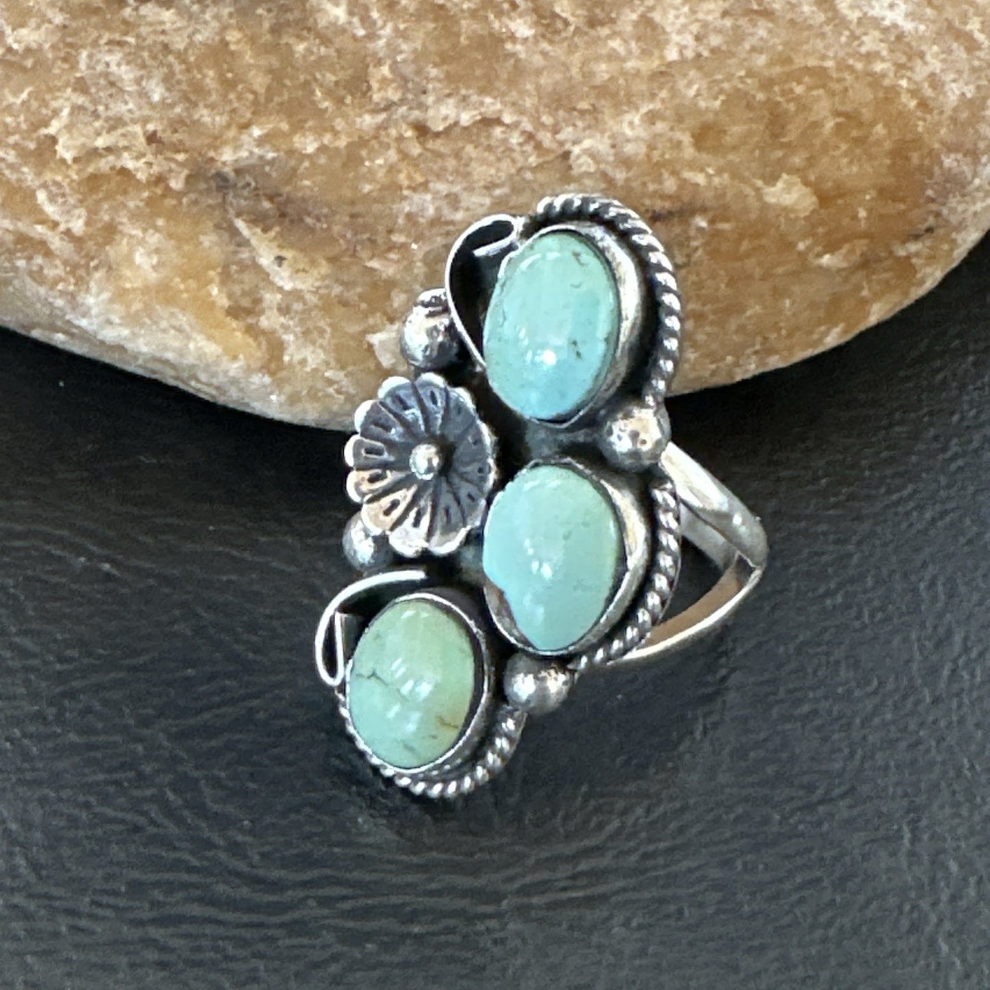 Yazzie Ring Green Turquoise Navajo Sterling Silver Cluster Size 8.5 19214
