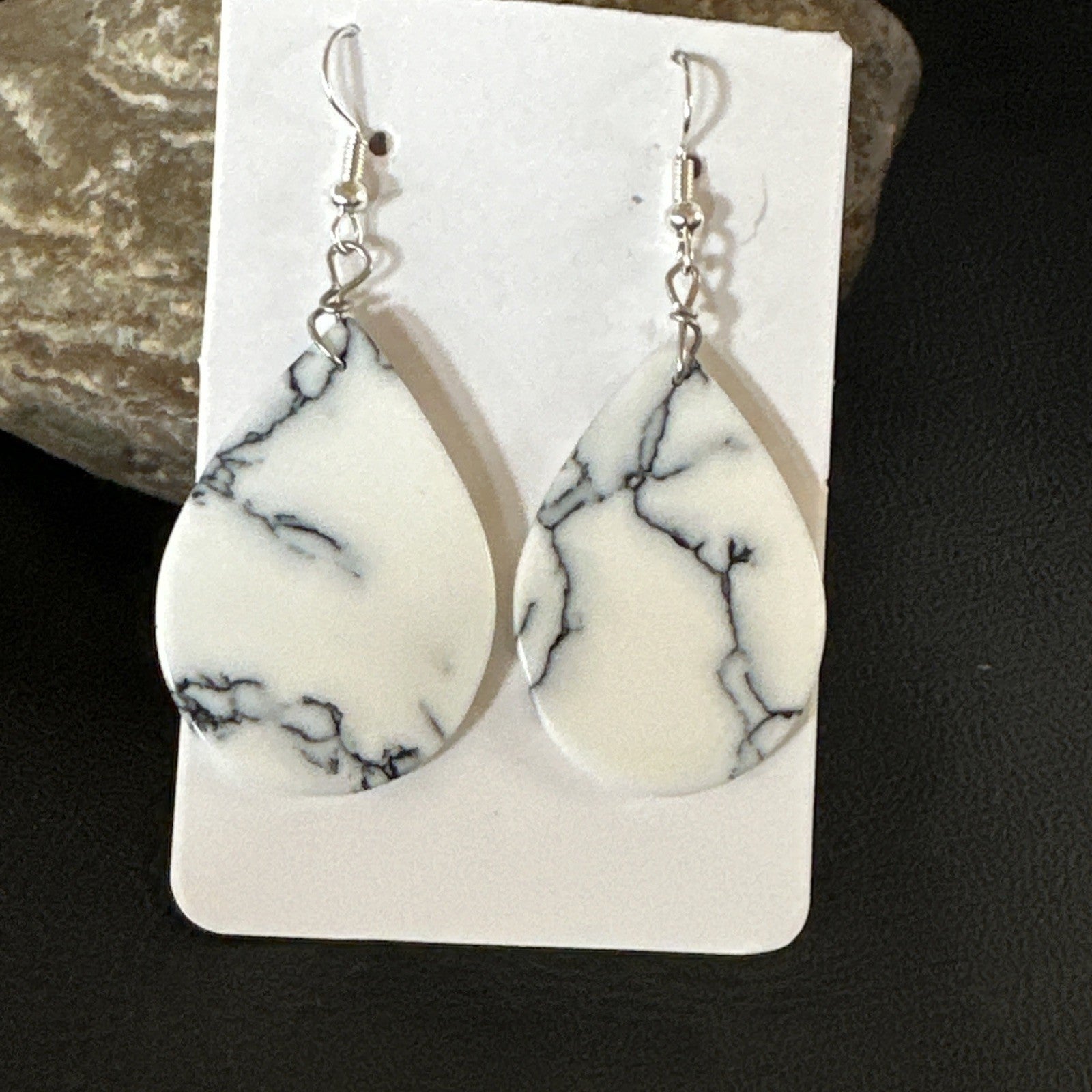 White Howlite Slab Sterling Silver Dangle Earrings 1” 19265