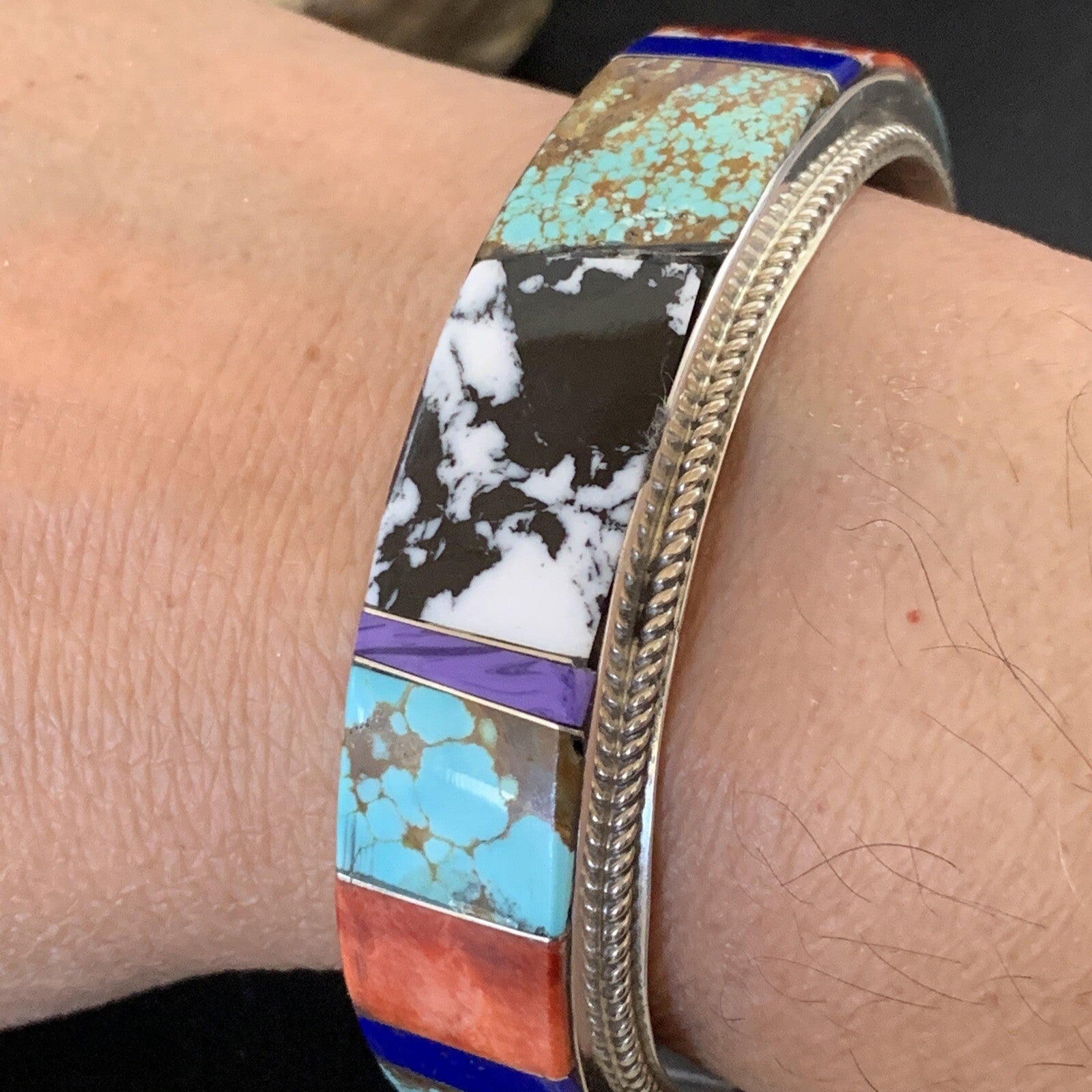 Mens White Turquoise Spiny & Lapis Navajo Sterling Silver Inlay Bracelet 12237