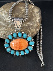 Kingman Turquoise Spiny Oyster Cluster Pendant Necklace | Sterling Silver | Authentic Native American Handmade | 14277