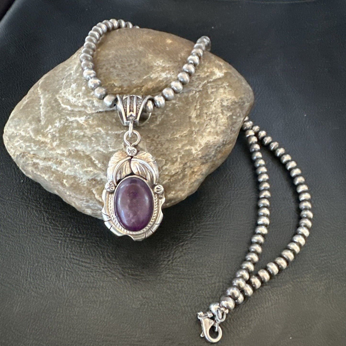 Purple Stone Pendant Navajo Pearls Sterling Silver Necklace 20” 18403