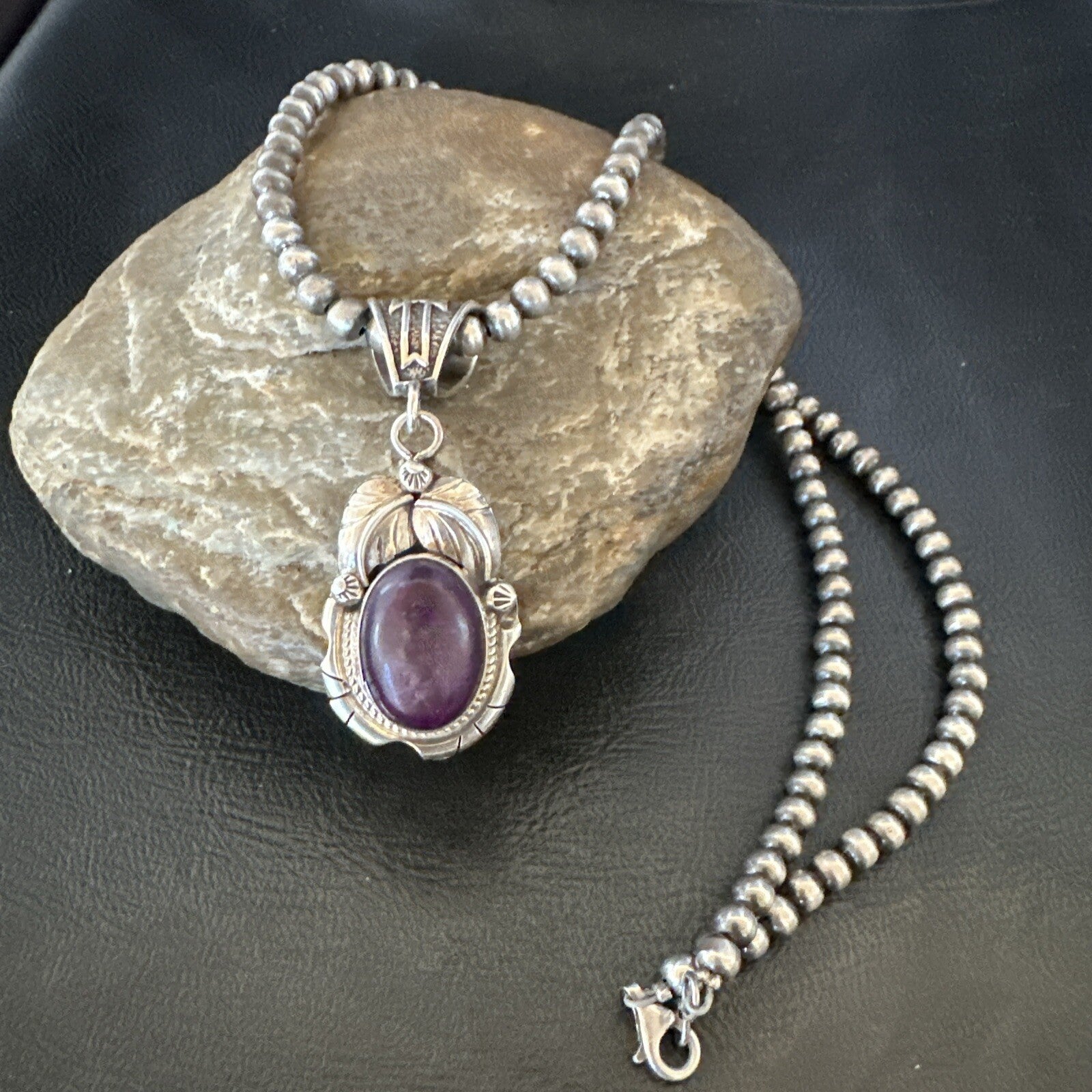 Purple Stone Pendant Navajo Pearls Sterling Silver Necklace 20” 18403