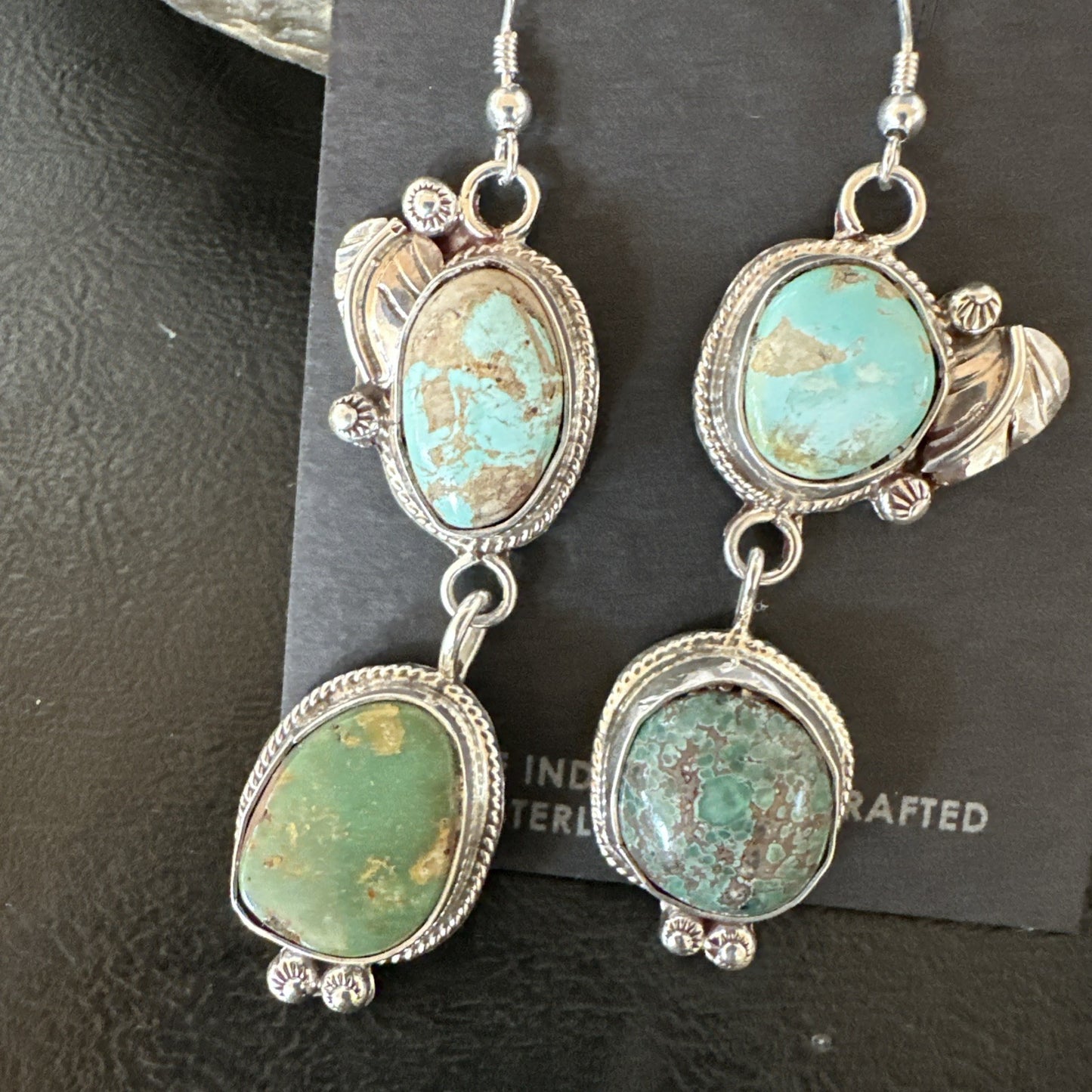 Green Royston Turquoise Navajo Sterling Silver Dangle Earrings 19602