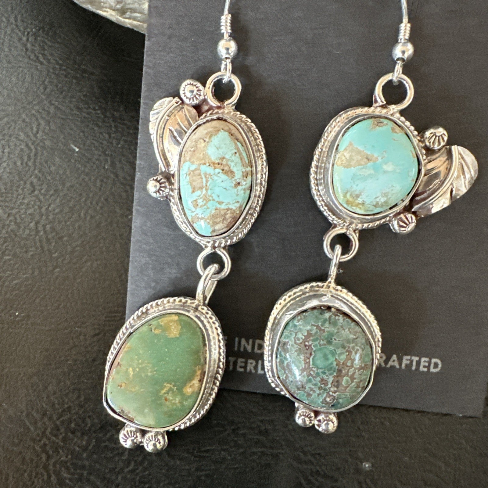 Green Royston Turquoise Navajo Sterling Silver Dangle Earrings 19602