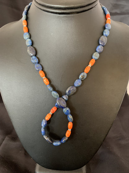 Mens Lapis Orange Spiny Oyster Navajo Pearls Sterling Silver Necklace 20" 01489