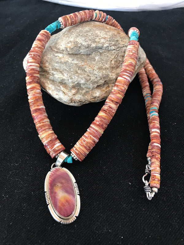 Navajo Turquoise Spiny Oyster Bead Necklace Pendant | Sterling Silver | Authentic Native American Handmade | 10040